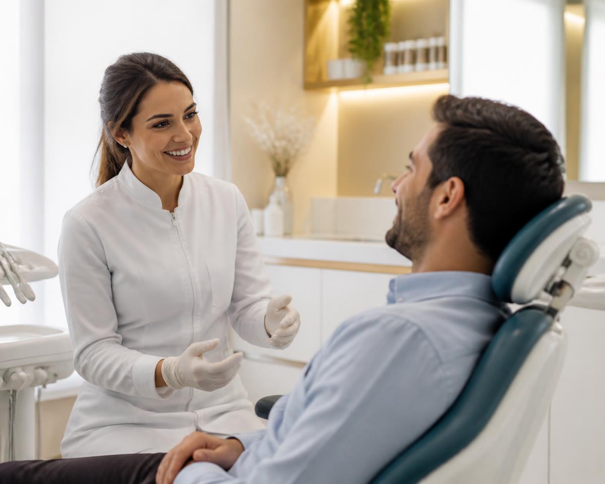 Dentista conversando com paciente em ambiente acolhedor
